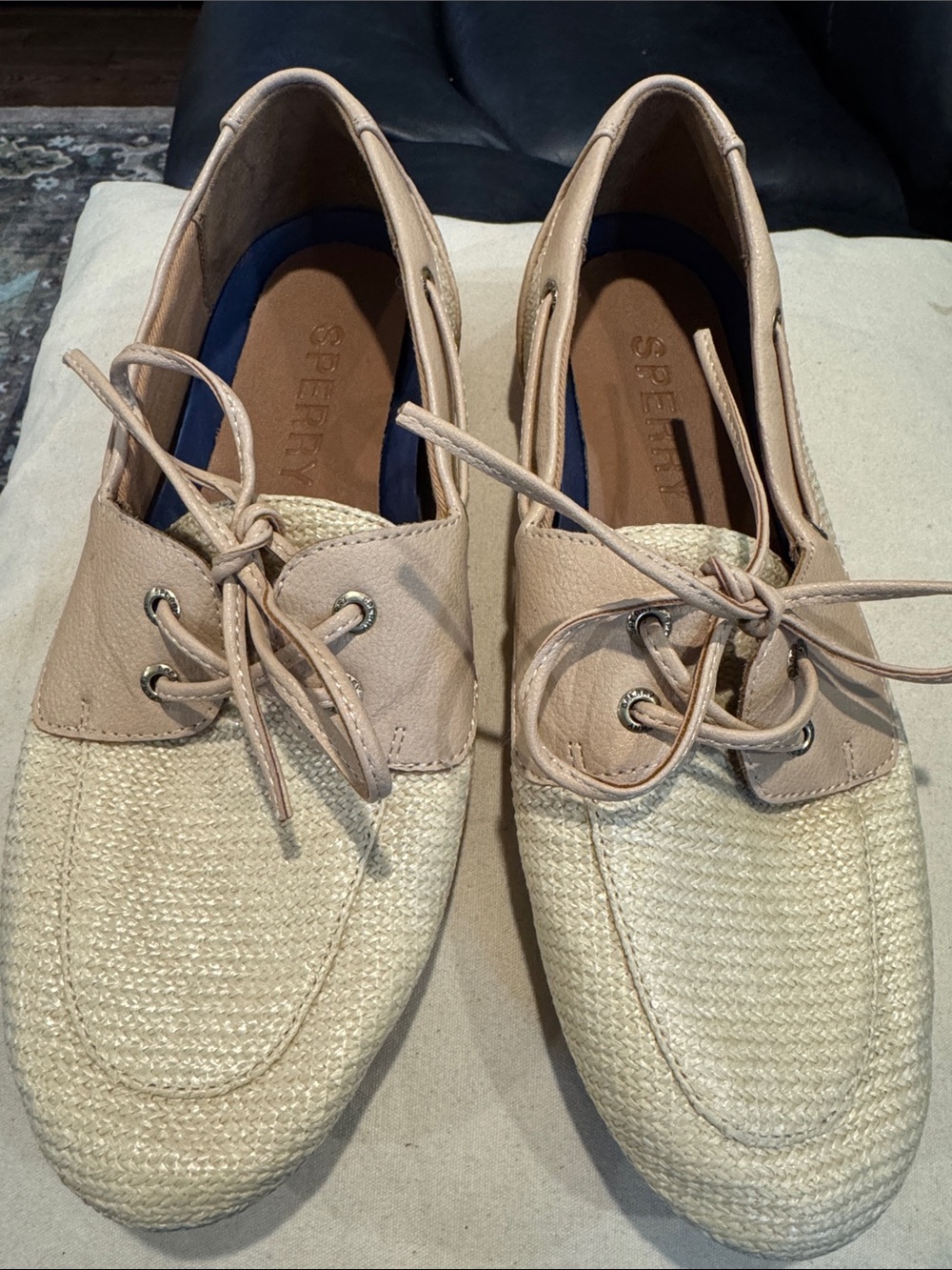 Sperry Women’s Woven Cream and Tan Mila Flat Boat Shoes Size 8.5
